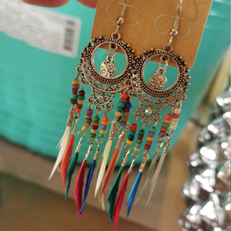 Vintage Ethnic Long Feather Earrings