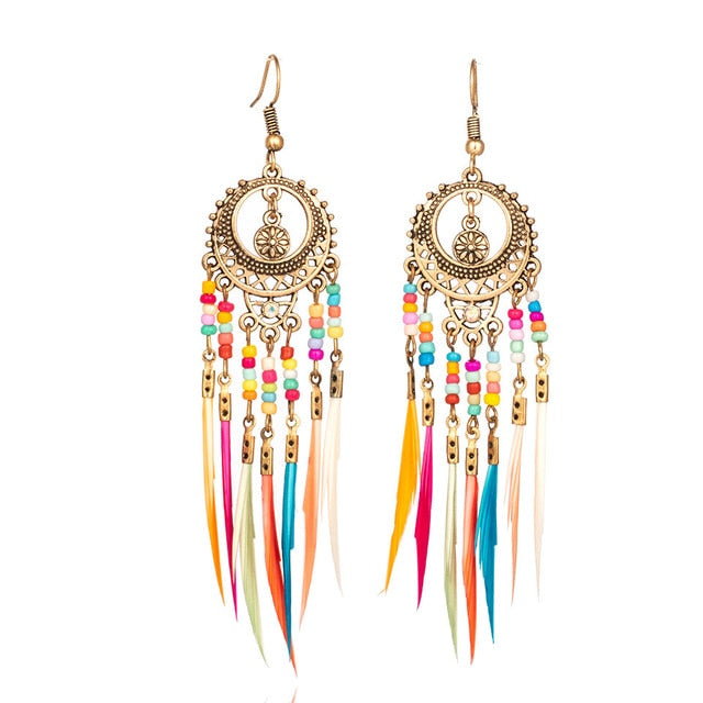 Vintage Ethnic Long Feather Earrings