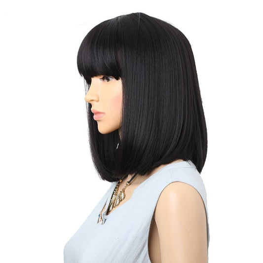 Straight Black Synthetic Wigs With Bangs