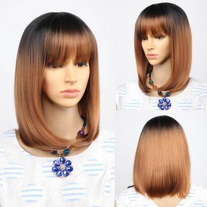 Straight Black Synthetic Wigs With Bangs