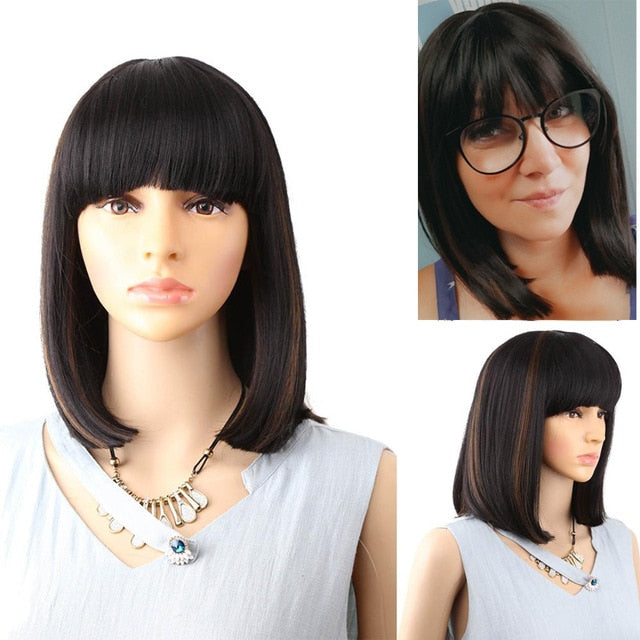 Straight Black Synthetic Wigs With Bangs