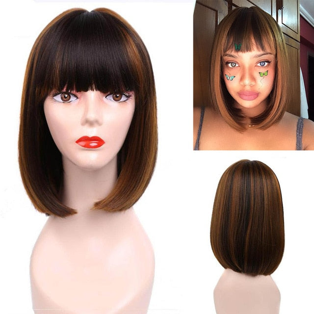 Straight Black Synthetic Wigs With Bangs