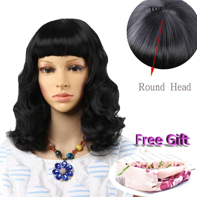 Straight Black Synthetic Wigs With Bangs