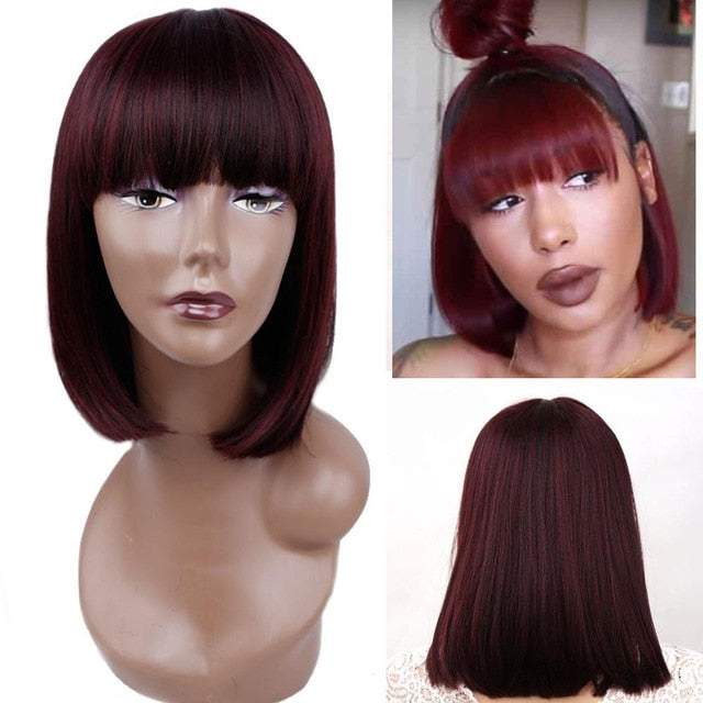 Straight Black Synthetic Wigs With Bangs