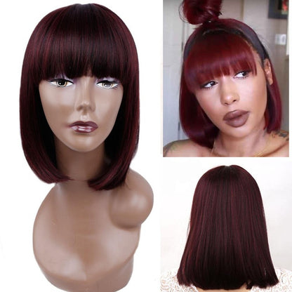 Straight Black Synthetic Wigs With Bangs
