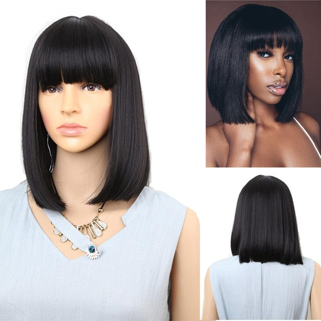 Straight Black Synthetic Wigs With Bangs