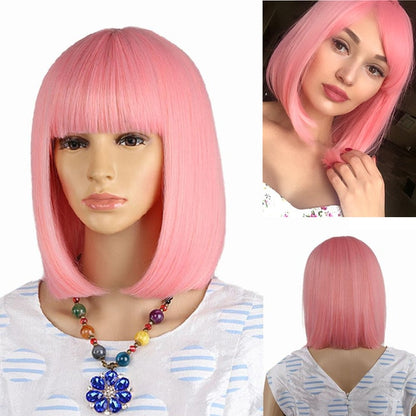 Straight Black Synthetic Wigs With Bangs