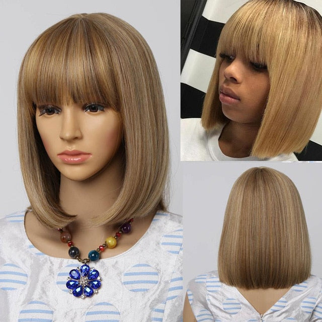 Straight Black Synthetic Wigs With Bangs